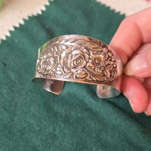 Antique Sterling Silver Repousse Rose Floral Cuff Bracelet By S. Kirk & Son